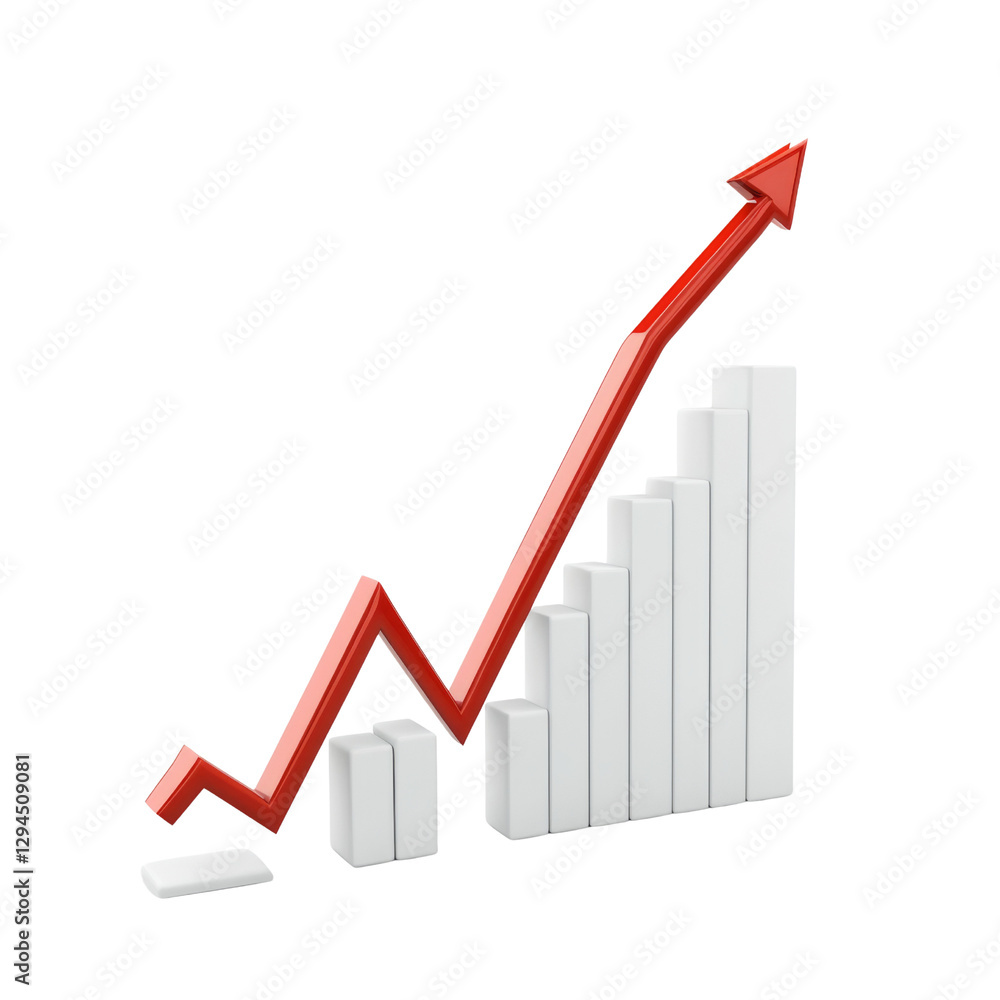Poster 3D graph showing upward trend with red and white bars, symbolizing growth and success. red arrow indicates positive increase in data