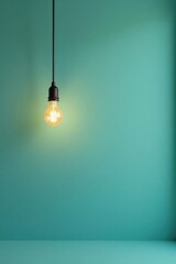 Illuminated Interior Space with a Single Pendant Light Fixture Against a Teal Wall