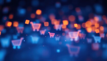 Blurred shopping carts on blue background with orange highlights