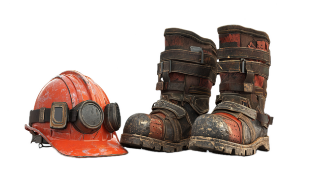 Mining equipment essentials safety boots and helmet underground workplace industrial gear rugged environment close-up view protective concepts