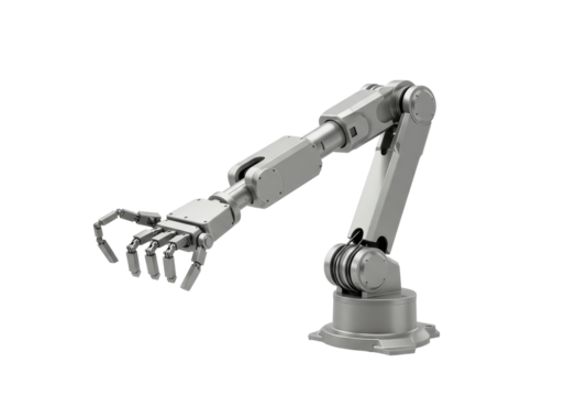 Isolated Silver Industrial Robotic Arm with Articulated Joints and Metallic Finish