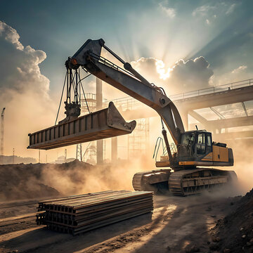 Massive Excavator Lifting Steel Beams at Dusty Construction Site