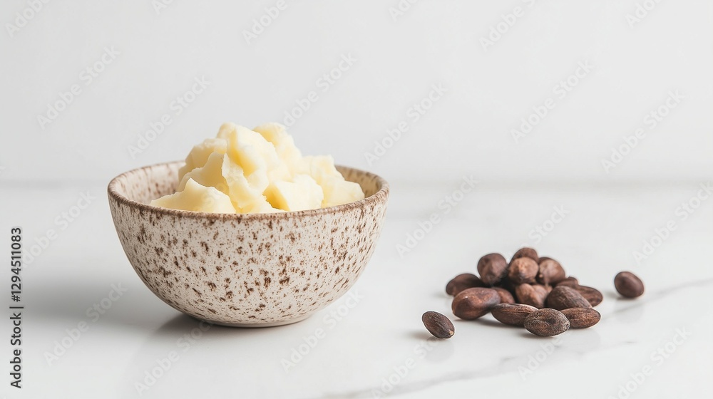 Sticker small dish of pure cocoa butter, with a few cocoa beans beside it