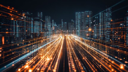 Futuristic cityscape at night with vibrant light trails