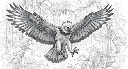 Harpy Eagle Soaring Through Jungle Illustration with Intricate Line Work