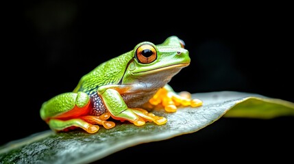 Obraz premium Vibrant Green Tree Frog on Leaf Macro Photography Wildlife