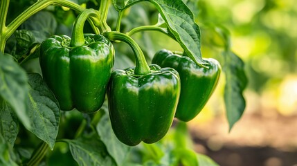 Three Green Bell Peppers Hanging From A Plant Are Shown