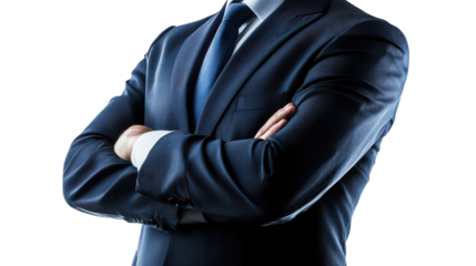 Confident businessman in a suit and tie with arms crossed, portrait of professionalism authority
