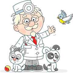 Good old doctor veterinarian and his small patients, a kitten, a puppy and funny small bird, vector cartoon illustration on a white background