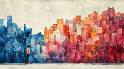 Contemplation: A Watercolor Cityscape of Dualities