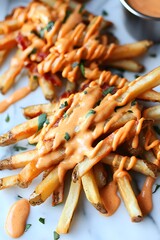 Crispy Potato Fries with Spicy Mayo Sauce Garnish