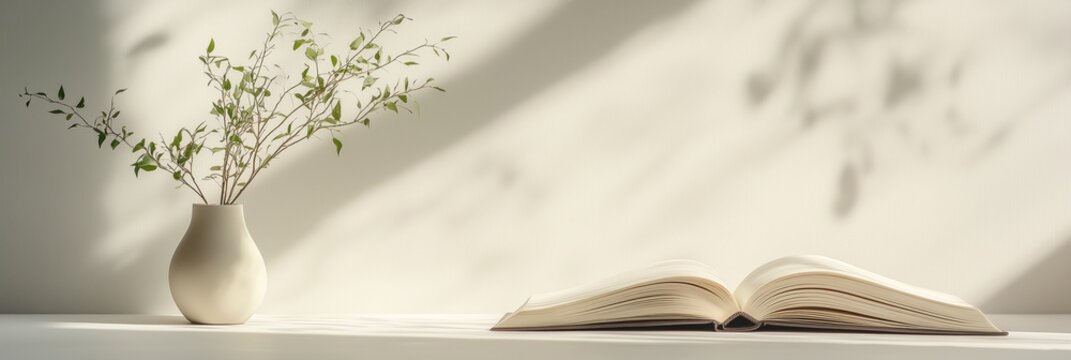 Open book with a vase of flowers in soft lighting – perfect for minimalistic design, relaxation, and reading themes