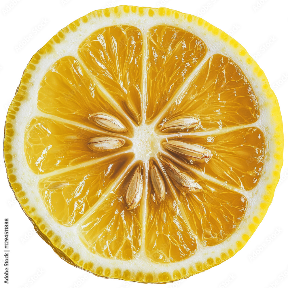Poster fresh lemon slice with vibrant yellow color and visible seeds, perfect for culinary use or decoratio