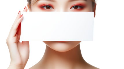 Woman concealing face with blank white card, a visual representation of privacy, identity and anonymous communication