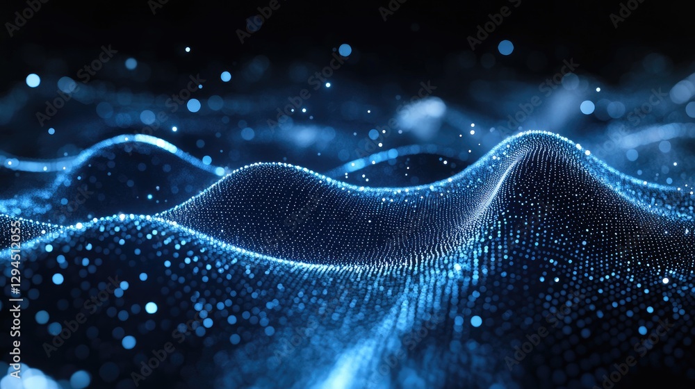 Poster A futuristic abstract background featuring glowing blue digital waves composed of dots and particles, creating a sense of depth and movement. Ideal for technology, AI, and innovation themes