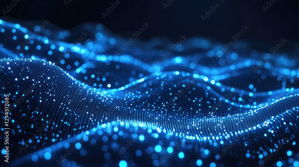 Poster a futuristic digital wave of glowing blue dots and particles creates a dynamic and abstract backgrou