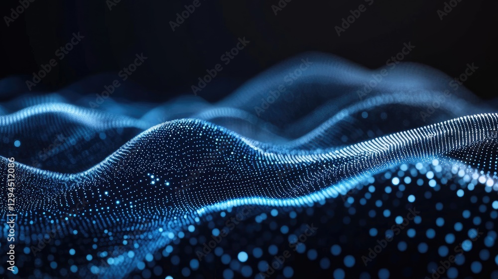 Poster a futuristic abstract background with glowing blue digital waves made of dots and particles, creatin
