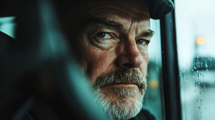 Pensive Senior Man Gazing Through Rainy Window