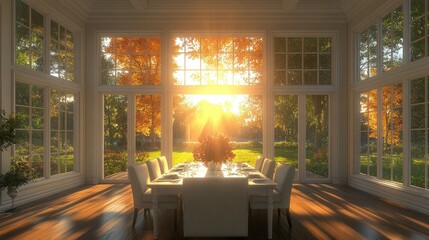 Autumn sunlit dining room with fall foliage view