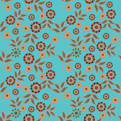 seamless vector repeat pattern, with abstract modern flower elements arranged in clusters with polka dots on a dark navy background