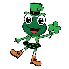 A cartoon leprechaun frog in a green hat celebrates St Patrick's Day with a shamrock