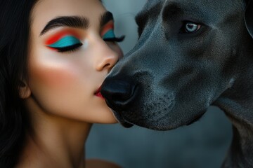 A woman with vibrant makeup shares a tender moment, nose to nose, with her loyal Weimaraner dog.