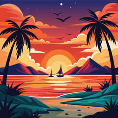 Summer Sunset with Palm Tree Vector Art – Tropical Beach Scene & Vibrant Sky for Seasonal Designs, Tropical Sunset Vector – Palm Tree & Beach Scene Art, Summer Beach Sunset – Palm Silhouette Vector  