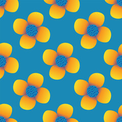 seamless vector repeat pattern, with abstract modern flower elements arranged in clusters with polka dots on a dark navy background