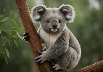 Fototapeta premium Cute Koala Clinging to a Tree in a Lush Green Forest.