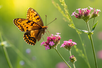 Obraz premium A vibrant butterfly gracefully landing on a blooming spring flower with a blurred green background. A perfect symbol of renewal and nature’s beauty.