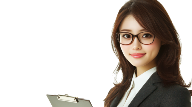 Confident businesswoman in work using a clipboard, modern professional at work