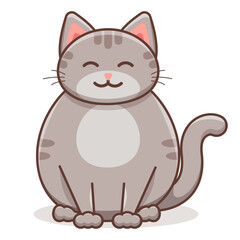A cute smiling fat gray cat with stripes and white spots. Vector illustration.