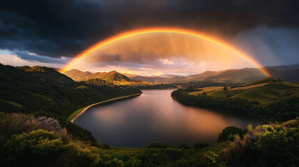 Majestic Rainbow Arcing Over Serene Lake and