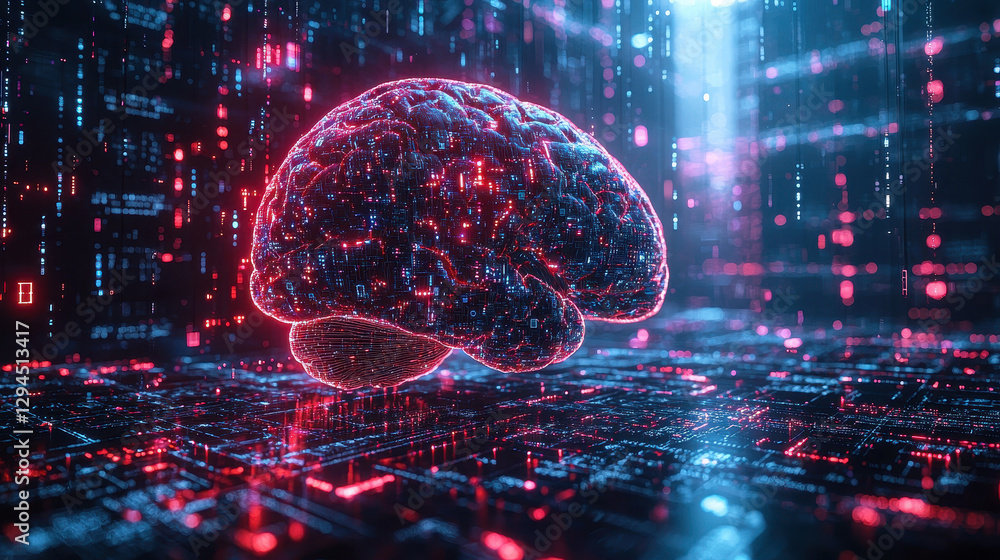 Poster digital brain representing negative thoughts with glitch effects and corrupted data streams in a hig