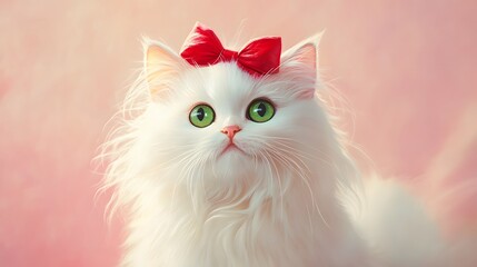 Adorable White Cat with Green Eyes and Red Bow on Pink Background