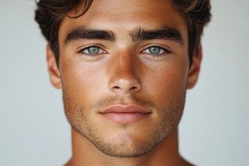 Obraz premium Close-up portrait of a young man with sun-kissed skin, light stubble, and piercing blue eyes.