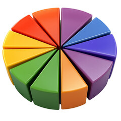 Obraz premium Colorful pie chart segments arranged circular layout, showcasing vibrant colors like red, orange, yellow, green, blue, and purple. This visually appealing design represents data distribution and