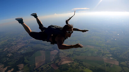  A Brazilian skydiver in free fall, on a summer day. Smiling and confident.