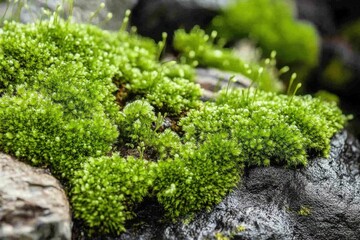 Moss-Covered Rocks and Flowing Stream Nature Photography Lush Environment Close-Up View Tranquil Concept