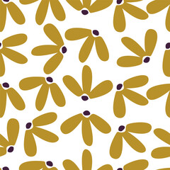 seamless vector repeat pattern, with abstract modern flower elements arranged in clusters with polka dots on a dark navy background
