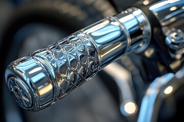 Naklejka premium Close-up of a chrome motorcycle handlebar grip with intricate detailing.