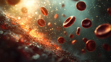 Blood cells flowing, artery inflammation, microscopic view, medical illustration