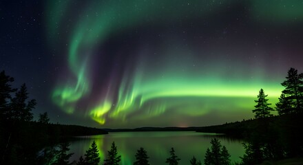 Naklejka premium The Northern Lights Glowing in Vivid Green and Purple Hues Over a Tranquil Lake Surrounded by Dark Pine Trees Under a Starry Night Sky.