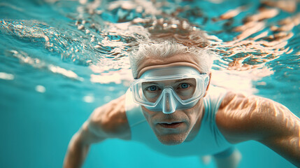 Naklejka premium Underwater Mature Man Swimming in Goggles