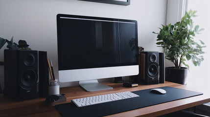 set of matching branded items, including a notebook, pen, and mousepad, all placed on a dark wood desk