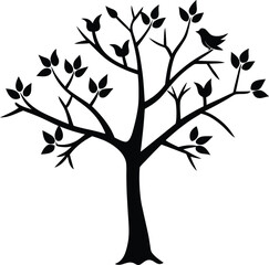 Obraz premium Tree with birds perched on branches silhouette illustration