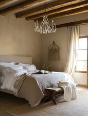 An elegant bedroom displays a chandelier above a bed and bedroom