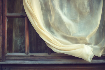 Soft curtains billowing in the breeze near a rustic wooden window in a cozy room filled with natural light