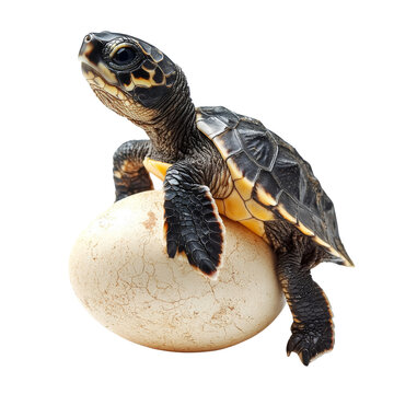 turtle sitting on large egg, showcasing its unique shell patterns and textures. scene captures moment of curiosity and wonder in nature