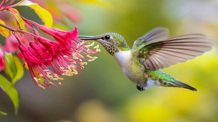 Fototapeta premium A dynamic hummingbird feeds on bright red blooms amidst lush foliage, capturing a moment of life and movement in a vibrant canvas.